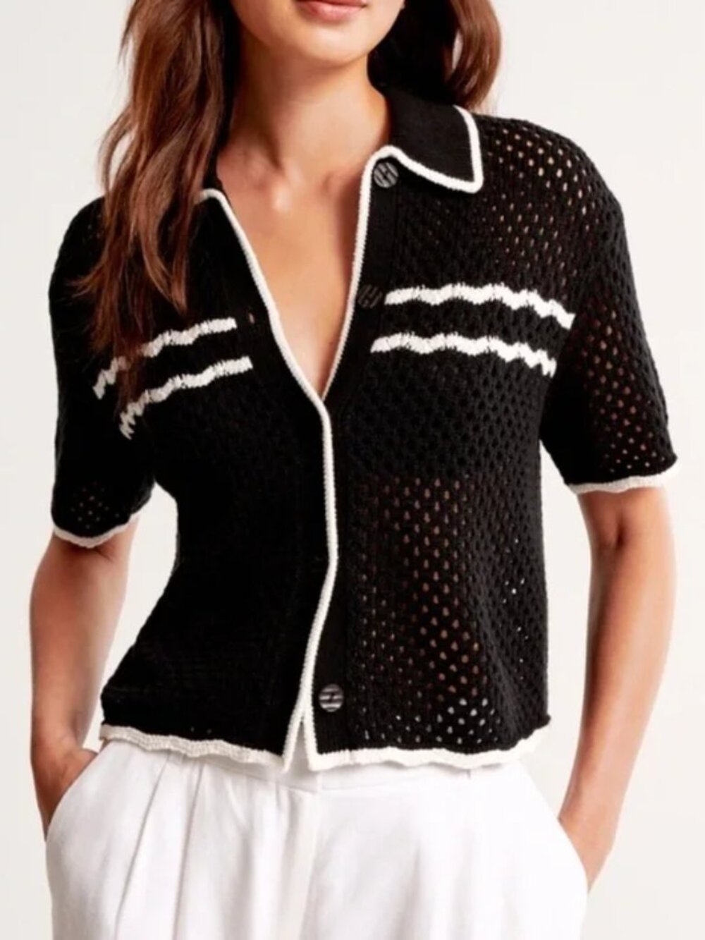 Abercrombie & Fitch Black Crochet Knit Polo Top